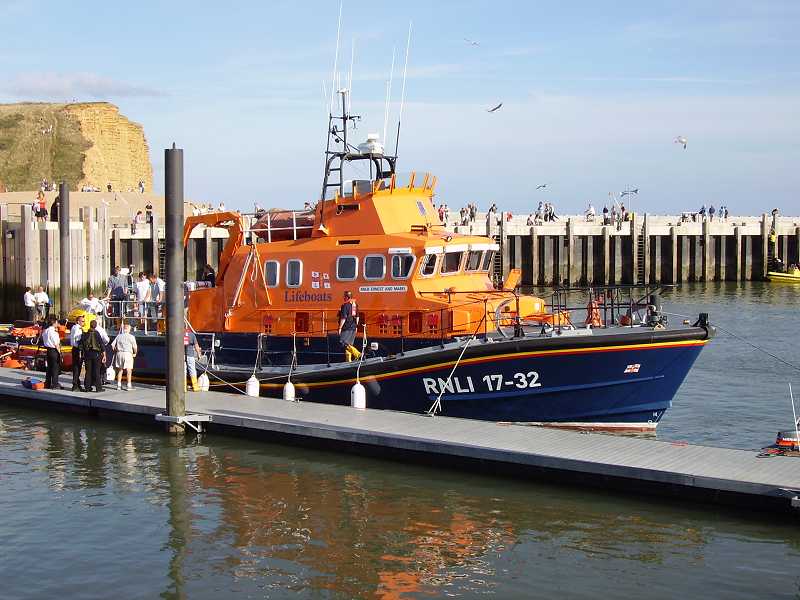 Weymouth Lifeboat moored in West Bay Harbour